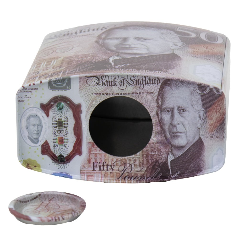 King Charles Pound Note Reusable Coin Money Tin Box Padlock Shape with Handle 16.5 x 9.5 x 26.5cm Assorted Designs MTH 11890 (Parcel Rate)