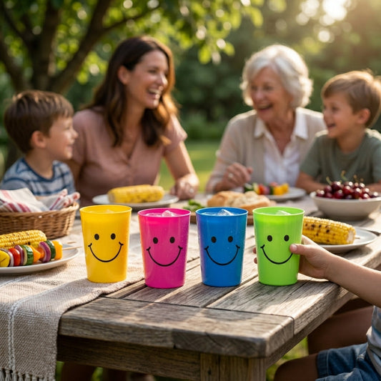 Plastic Smiley Face Glasses Cups Pack of 4 Assorted Colours SKU 0439