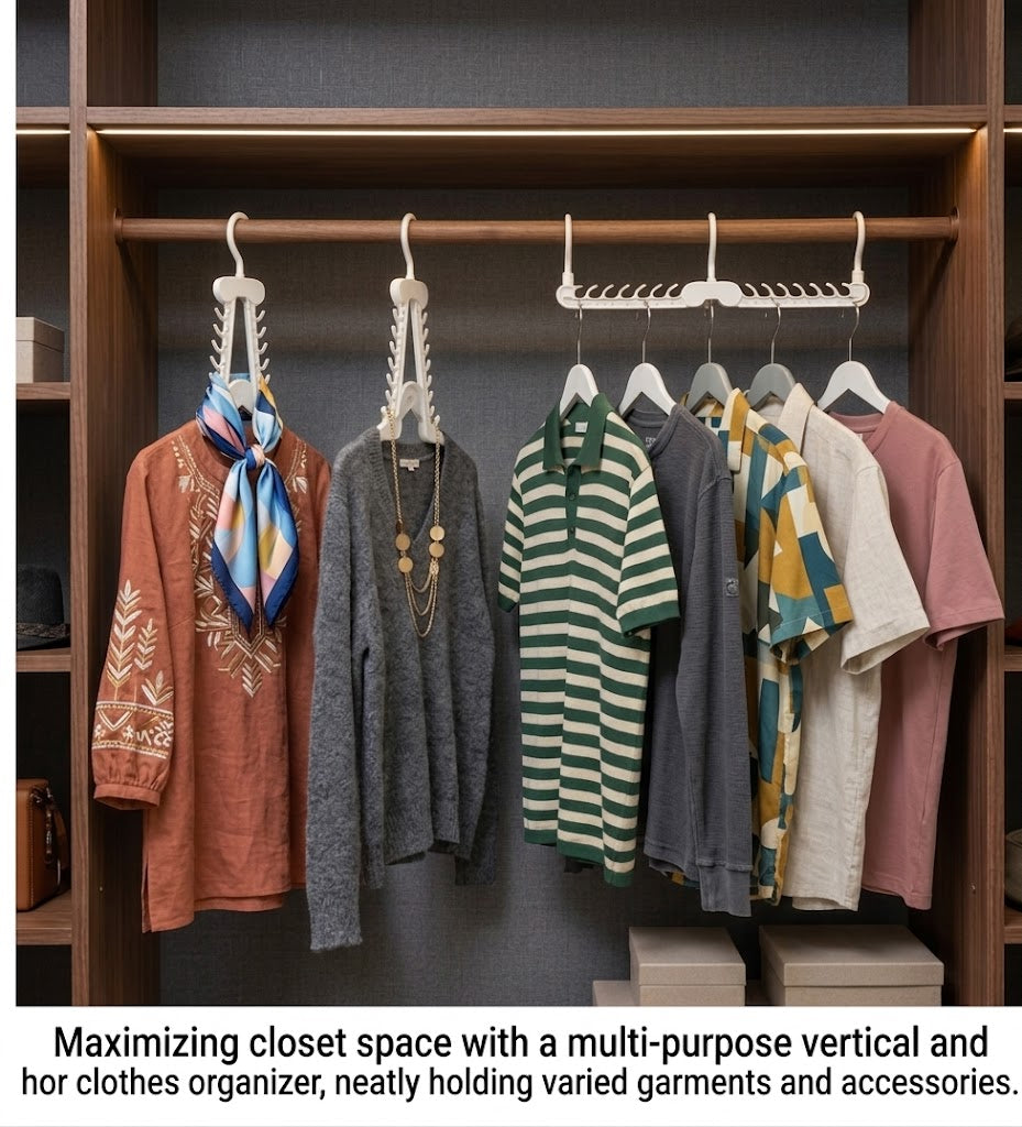 Space-Saving Vertical Wardrobe Hanger with Multifunctional Clips – 45 x 12 x 2cm, 164g, SKU8167