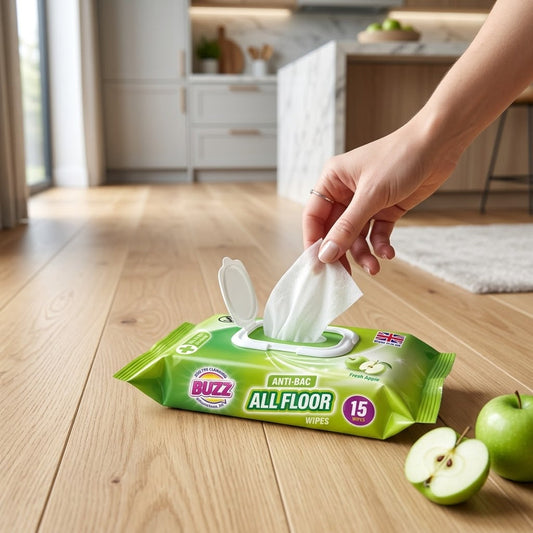 Buzz All Floor Antibacterial Wipes 15 Pack Apple Scent SKU 321596/324257