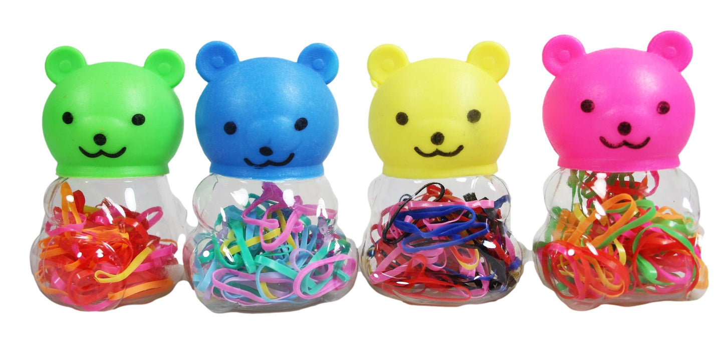 Plastic Hair Tie Bobble Elastic in Teddy Bear Shaped Bottle Assorted Colours 3055