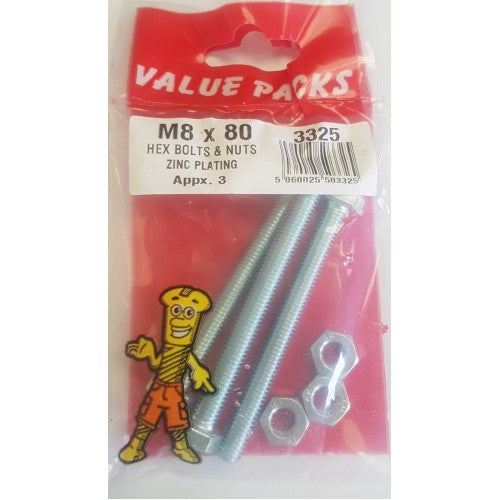 Value Pack M8 x 80 Hex Bolts & Nuts Zinc Plating Pack Of 3 3325