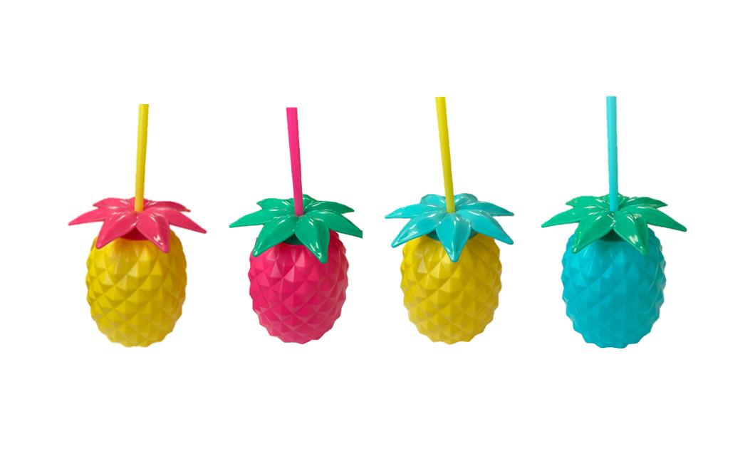 Plastic Pineapple Shaped Cocktail Drinking Glass Cup with Lid and Straw 14 cm Assorted Colours 7818