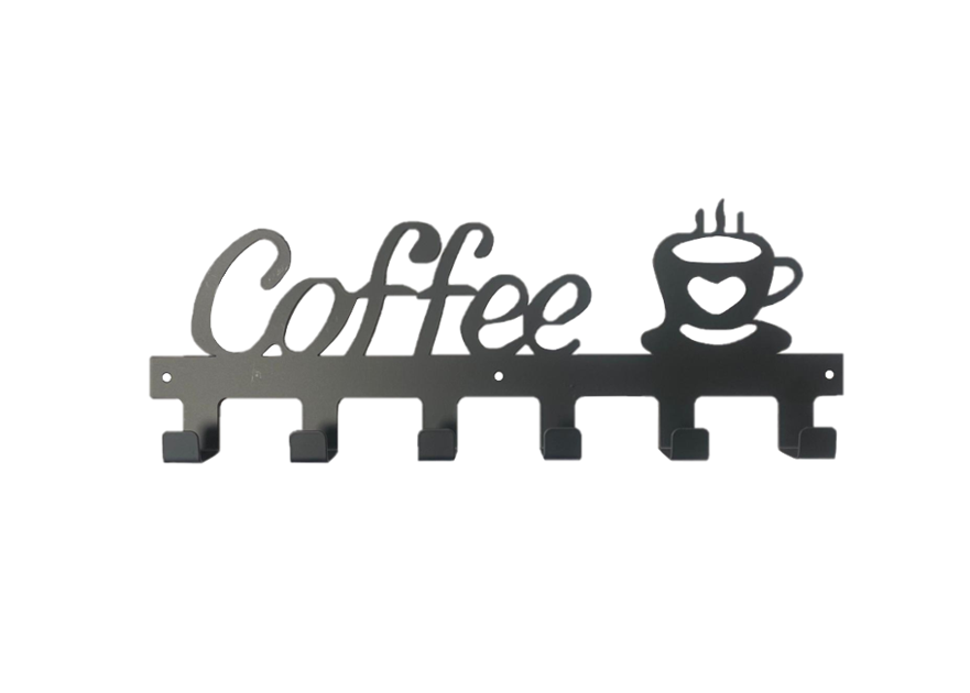 Metal Coat / Mug 6 Hook Hanger Rack with Coffee Cup Design 40cm Black 7850