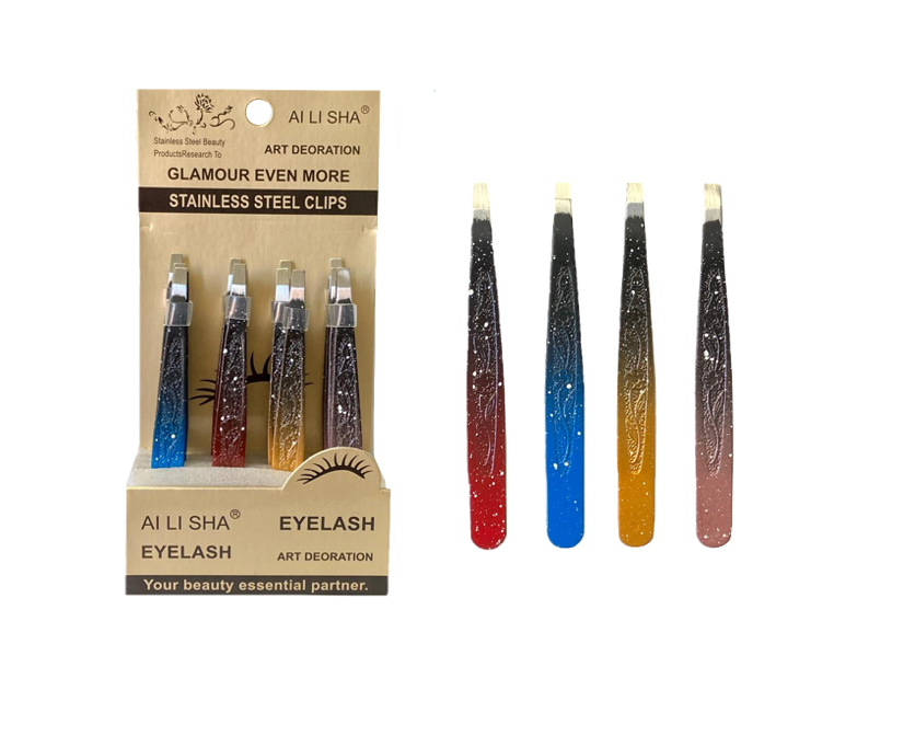 Stainless Steel Eyebrow Tweezers 9.5cm Box of 12 Assorted Colours 7854