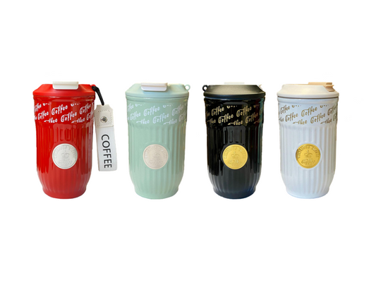 Stainless Steel Coffee Travel Thermos Cup Tumbler with Retro Ribbed Design and Strap 420ml Assorted Colours 7951