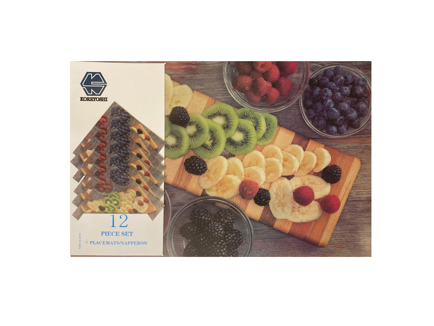 Plastic Dining Placemat and Coaster Food Fruit Print Set of 12 Assorted Designs 8014