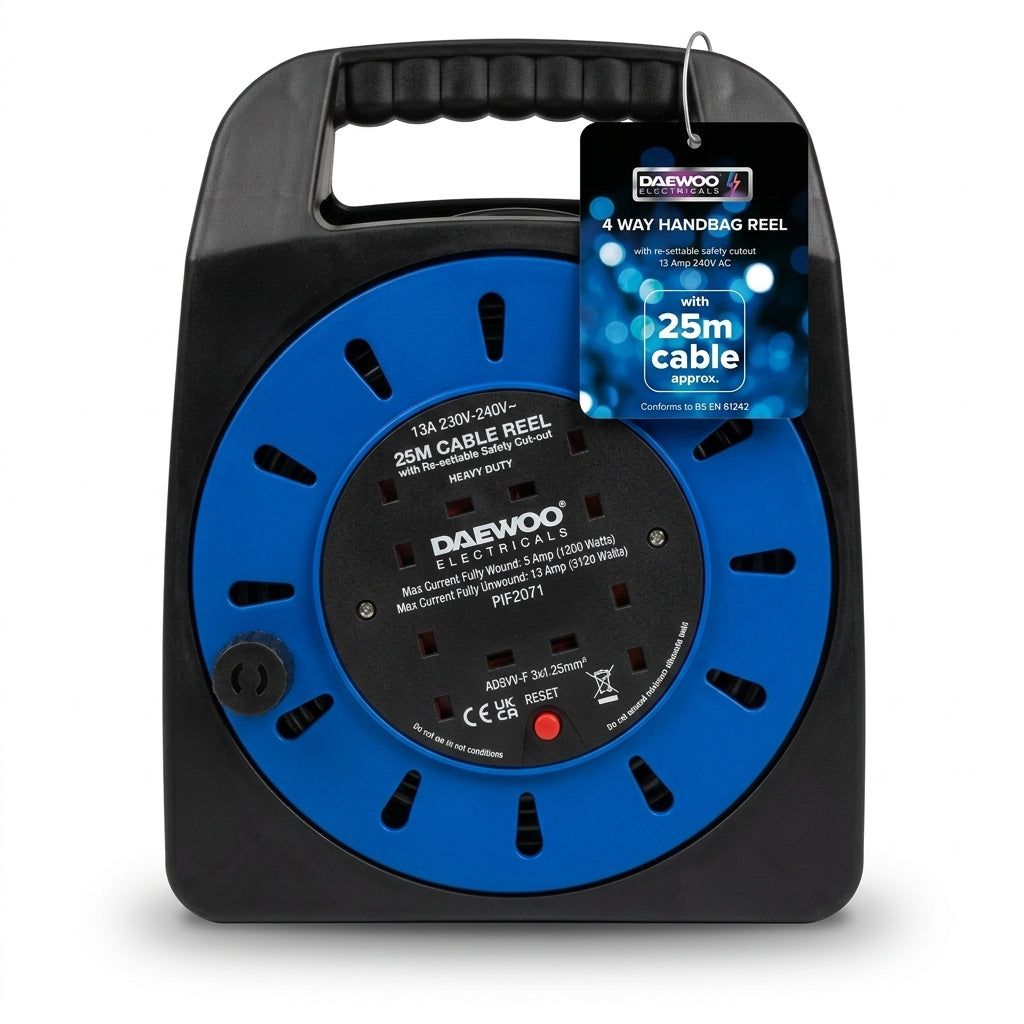 4 Gang Extension Reel with 25 Metre Cable – Heavy Duty Handbag Reel, SKU EXT1035