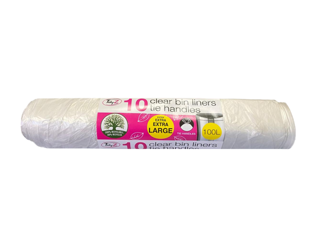 Extra Large Clear Pedal Bin Bag Liners with Tie Handles 100L 110 x 160 cm Roll of 10 B0558