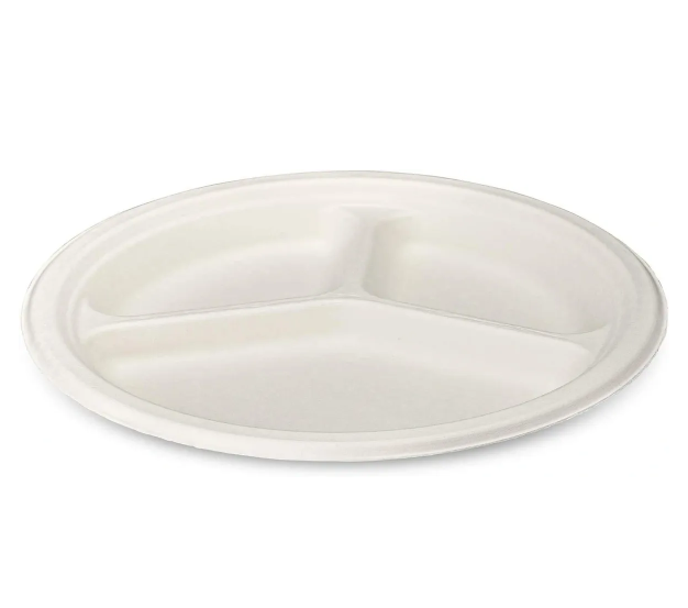 Disposable Compostable Eco-Bio Bagasse Sugarcane 3 Compartment Plates 9" Pack of 25 EC1680
