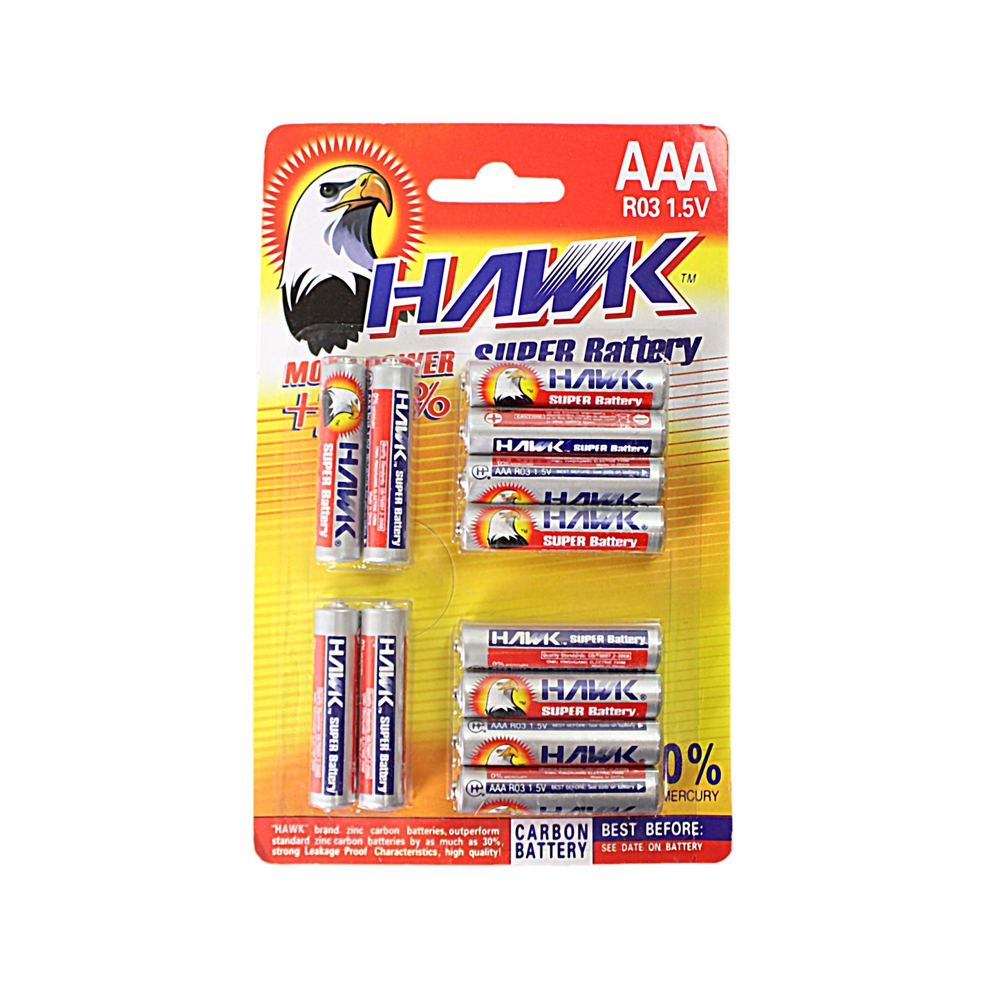 12 Pack Hawk Super Battery AAA 1.5V Carbon Battery 01876