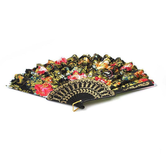 Chinese Folding Black Frame Peony Pattern Nylon Handheld Mini Folding Hand Fan 37cm 0915A