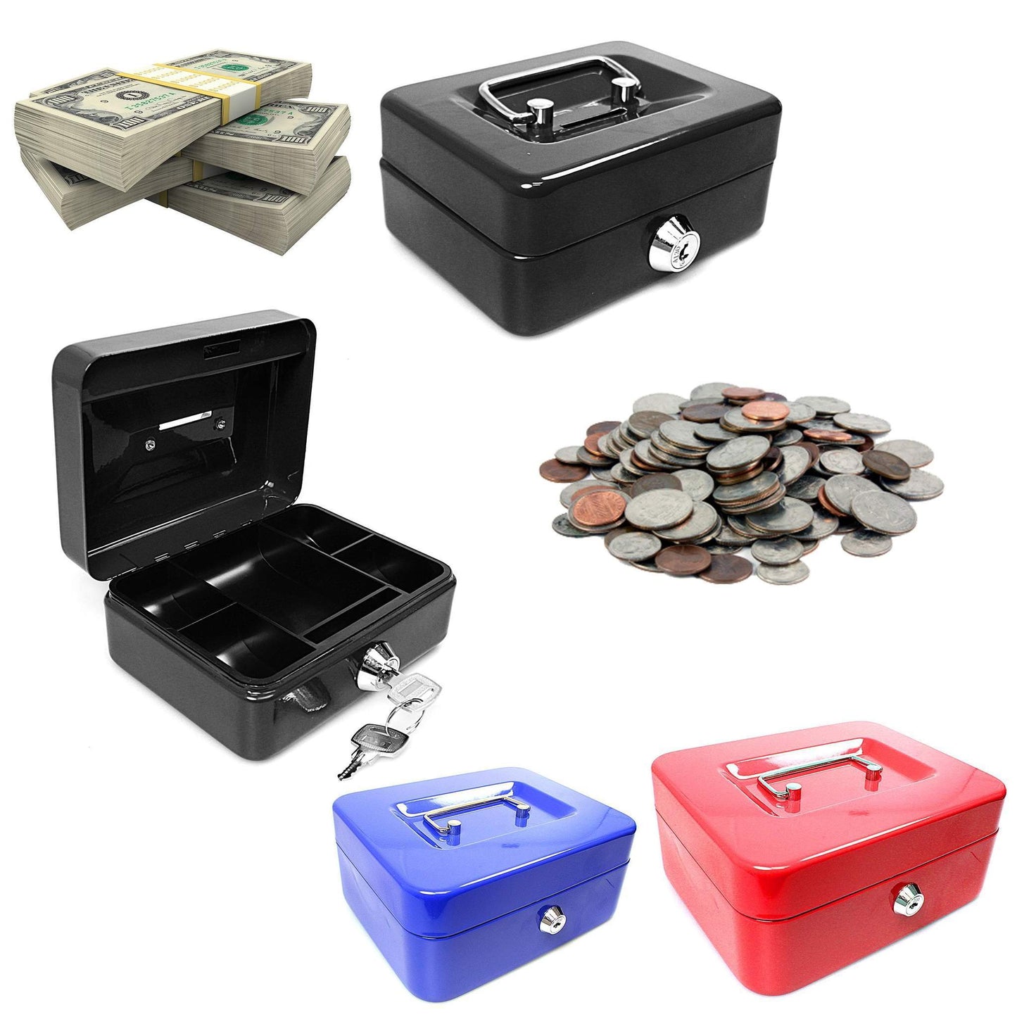 Metal Cash Deposit Money Box with Tray & 2 Keys 6" Assorted Colours 0201