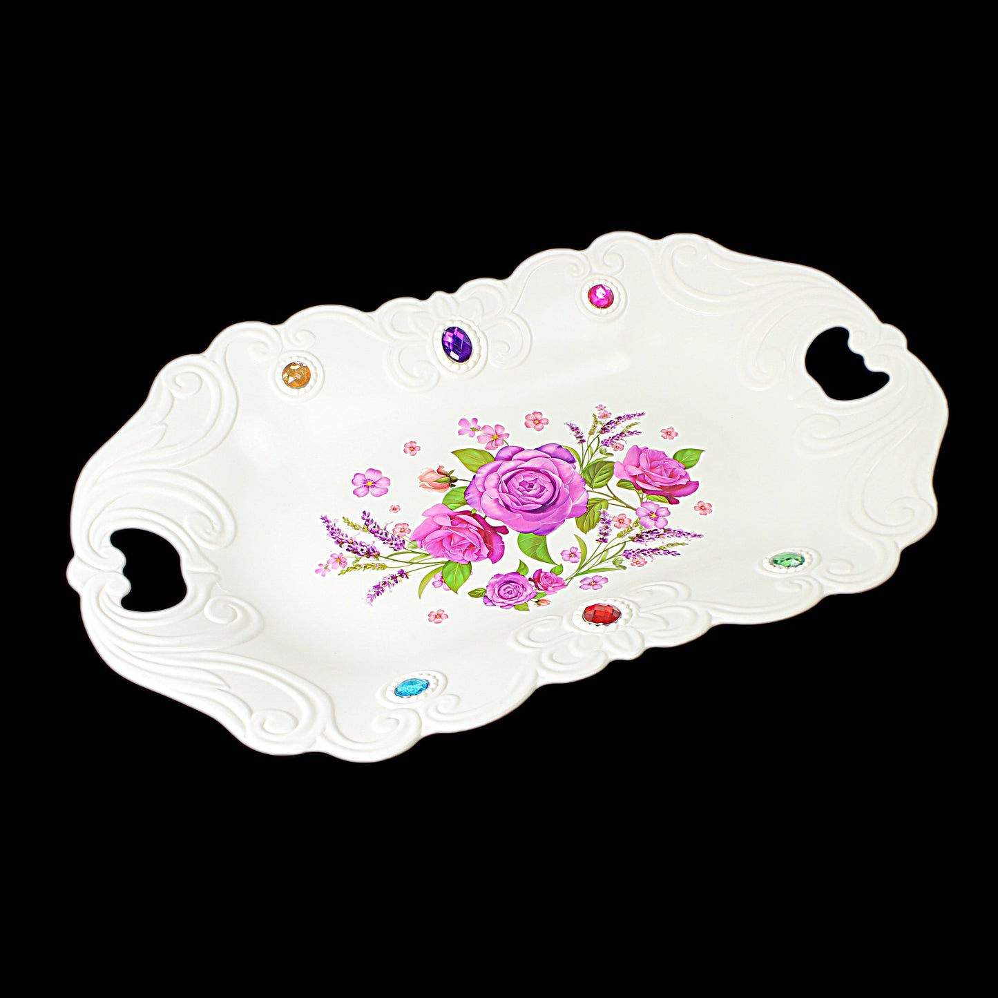 Plastic Jewelled Serving Tray with Handles and Printed Design 35 x 23 cm Assorted Designs 3210