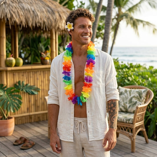 Neon Rainbow Hawaiian Flowers Hula Lei Garland, 100cm Length, SKU 5897