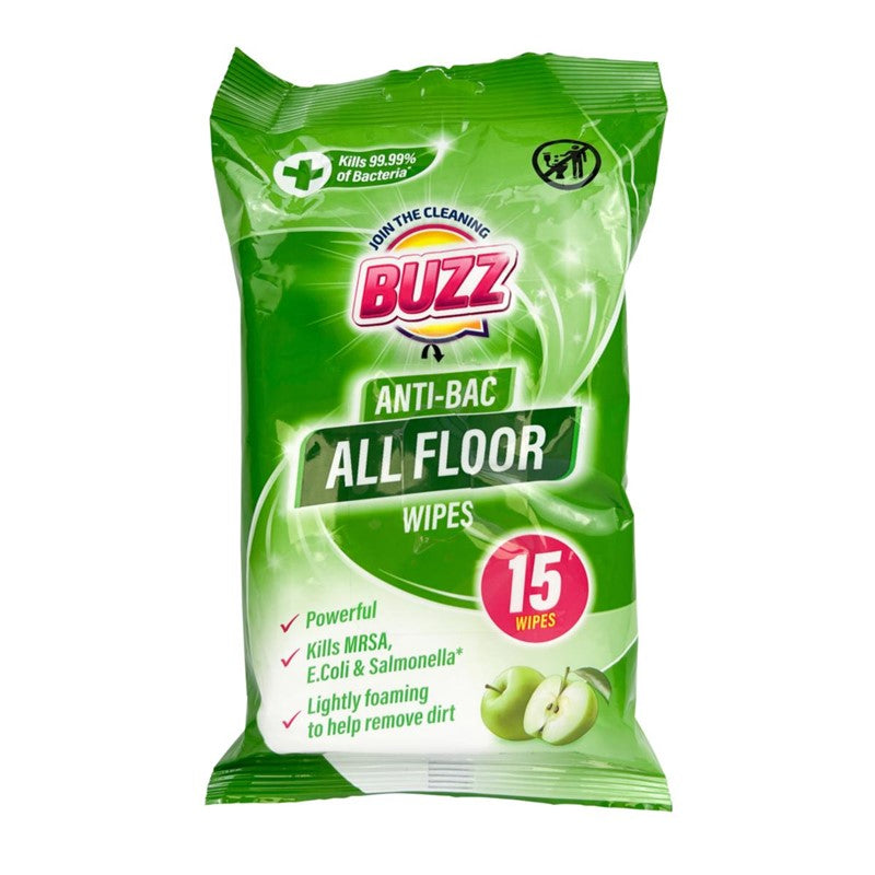 Buzz All Floor Antibacterial Wipes 15 Pack Apple Scent SKU 321596/324257