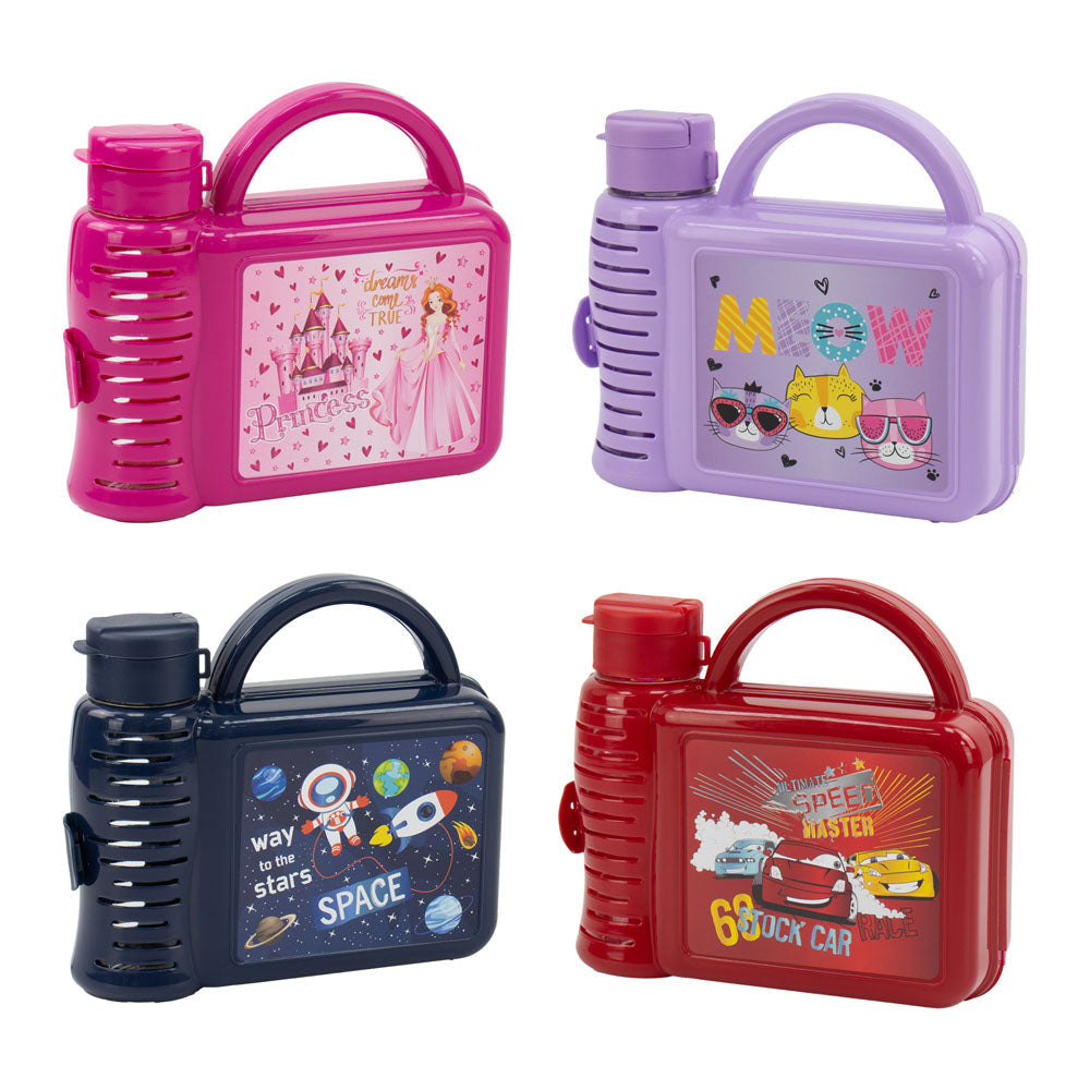 Tuffex Plastic Children's Lunch Box with Water Bottle 7.5 x 21.5 x 19.5 cm Assorted Designs 10761 / TP529