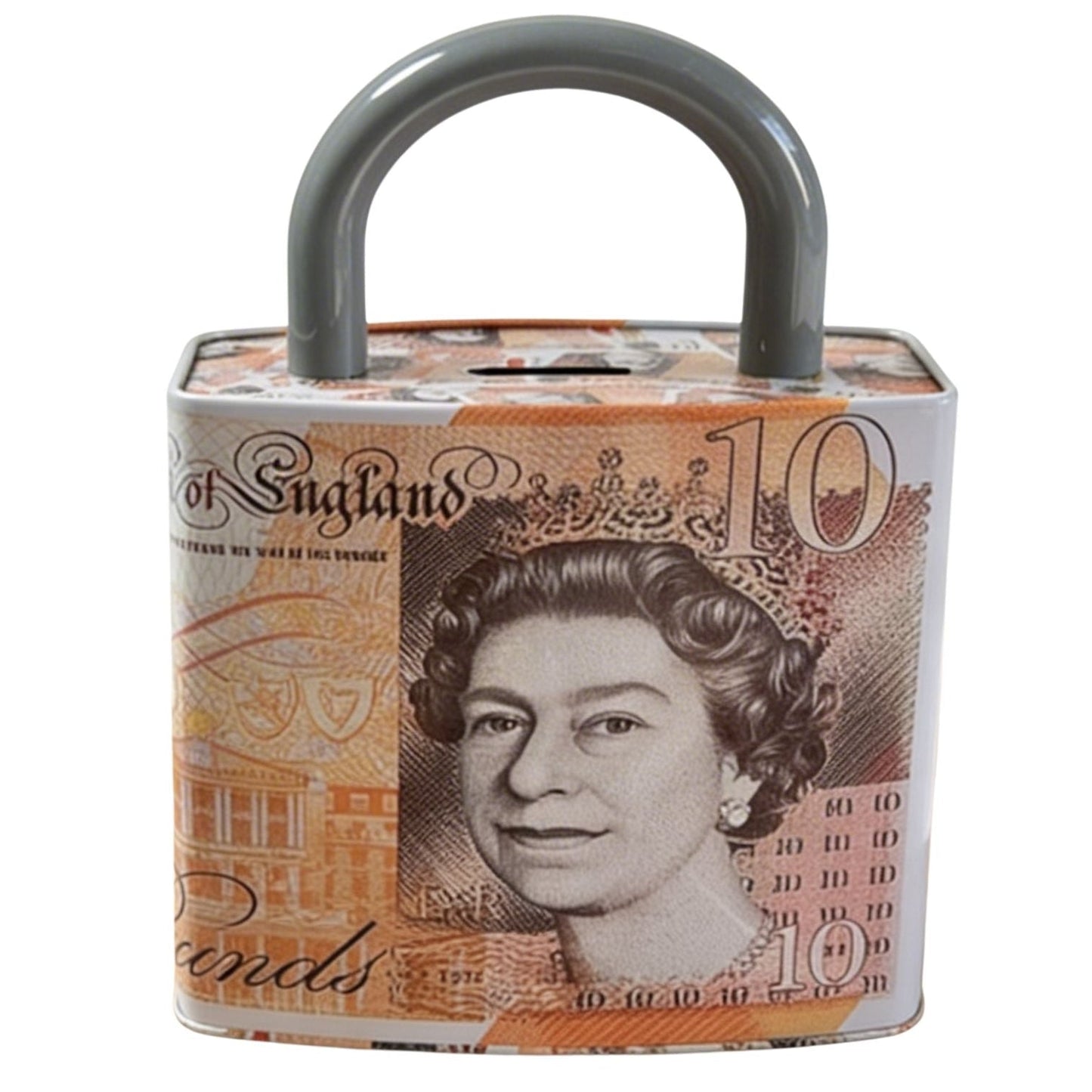 Queen Elizabeth Pound Note Reusable Coin Money Tin Box Padlock Shape with Handle Assorted Colours – 211g, 16.5 x 9.5 x 26.5cm, SKU PAD001A