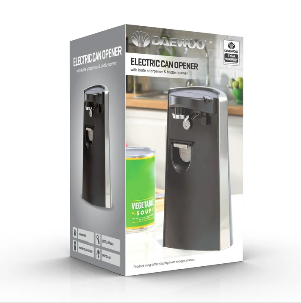 Daewoo 3-in-1 Electric Can Opener, Knife Sharpener &amp; Bottle Opener – Black/Chrome, SKU SDA2313GE