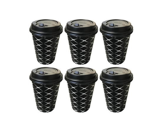 Black Paper Cup with Lid Printed Design 12oz Pack of 6 Assorted Designs 2206