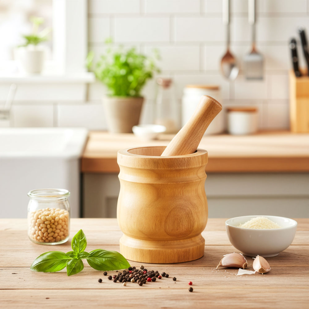 Durane Wooden Mortar & Pestle Large 15 x 18cm Light Wood 2709