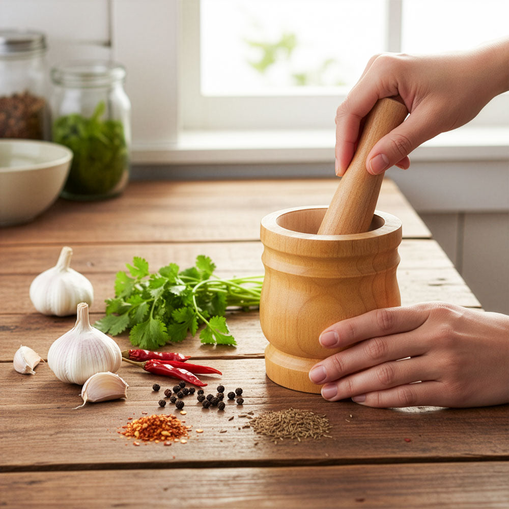 Durane Wooden Mortar & Pestle Small 10 x 13cm Light Wood 2710