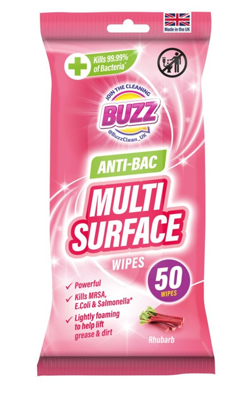 Buzz Multi Surface Antibacterial Wipes 50 Pack Rhubarb 321593 / 324255
