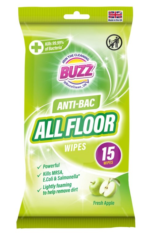 Buzz All Floor Antibacterial Wipes 15 Pack Apple Scent SKU 321596/324257