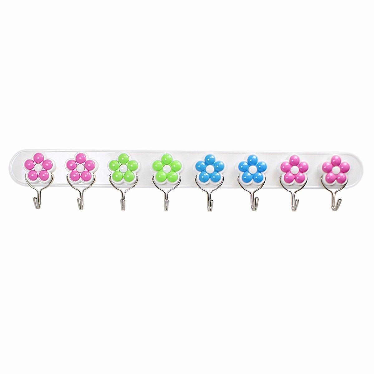 Self Adhesive Plastic Flower 8 Hook Rack 43cm 4789
