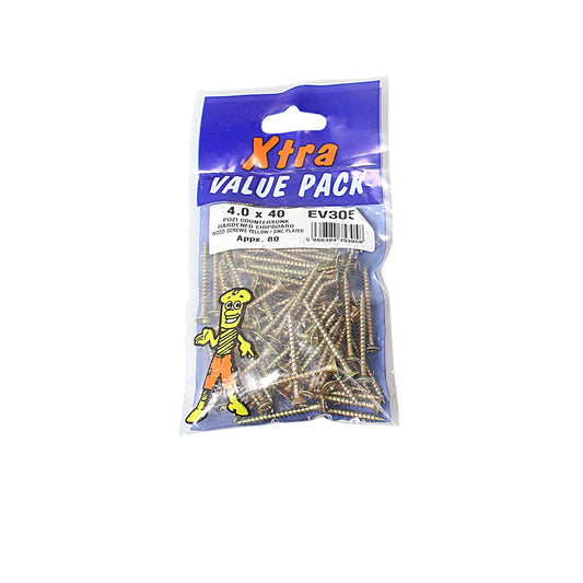 4.0 x 40 Pozi c/sk Chipboard Screws Yellow Diy Xtra Value 5305