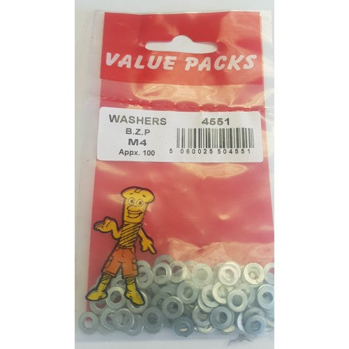 Pack Of 100 Value Pack M4 Washers B.Z.P Diy 0455