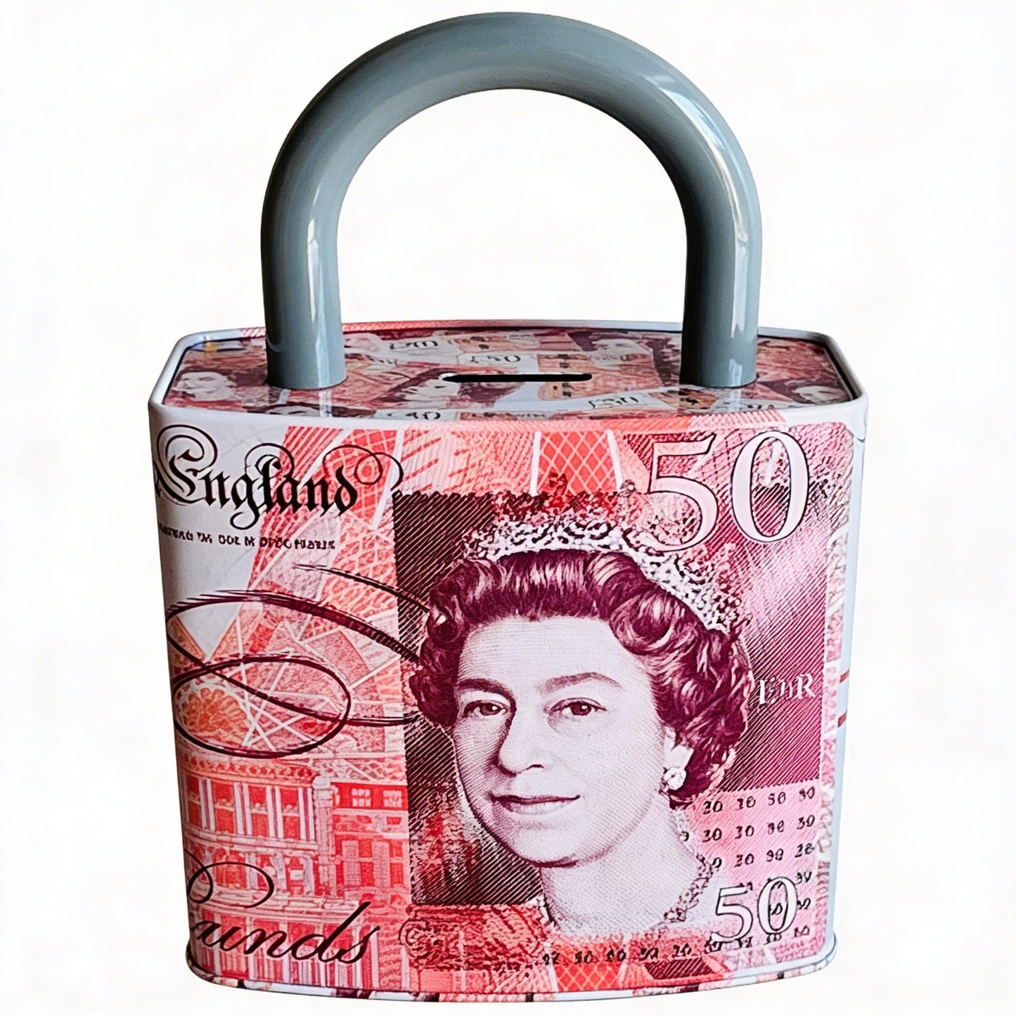 Queen Elizabeth Pound Note Reusable Coin Money Tin Box Padlock Shape with Handle Assorted Colours – 211g, 16.5 x 9.5 x 26.5cm, SKU PAD001A