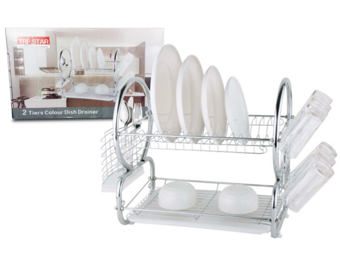 Tristar 2 Tier Dish Drainer Cutlery Rack with Drip Tray Silver 53743