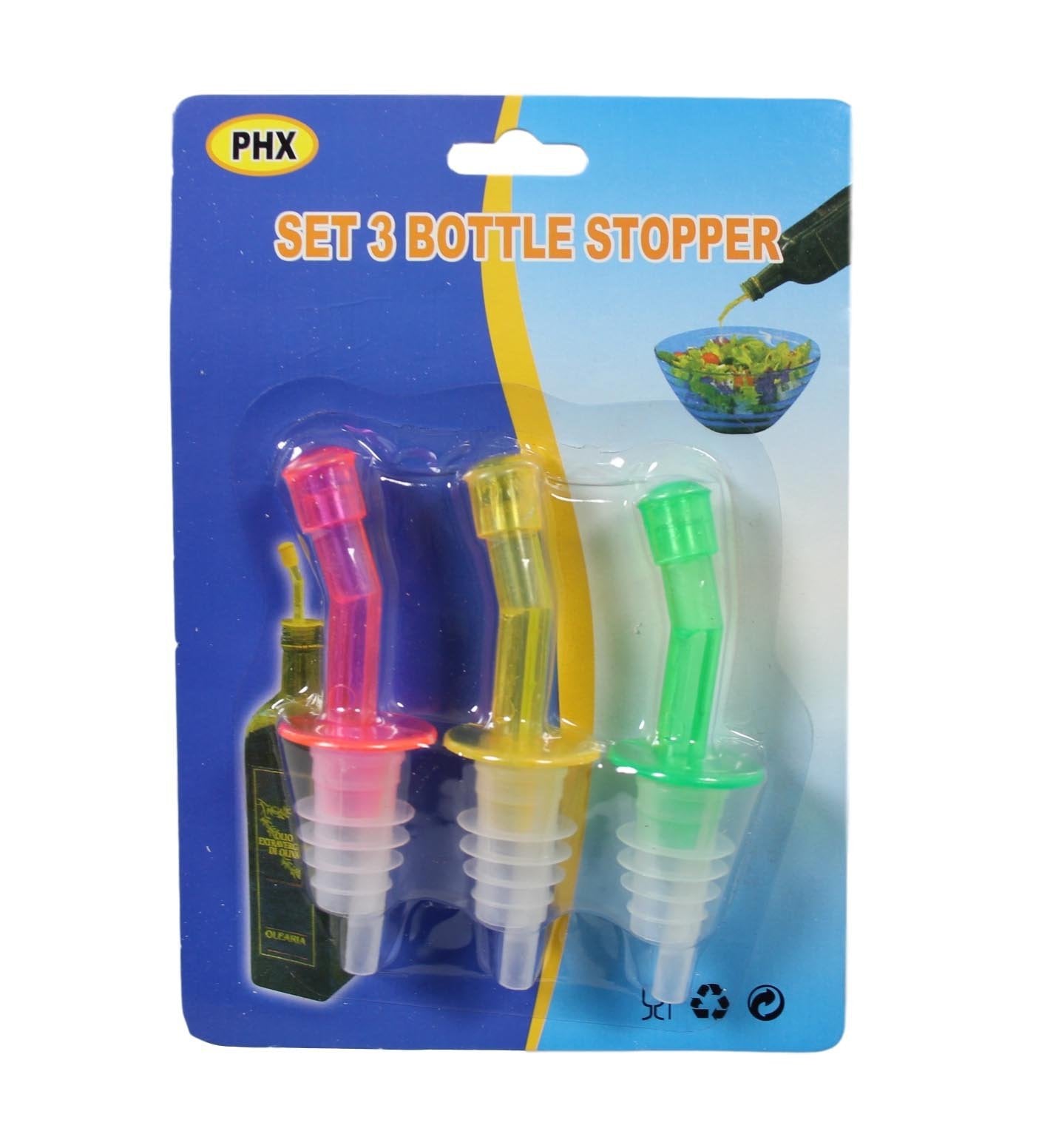 Plastic Oil Vinegar Wine Bottle Stopper Pourer Spout 10cm Pack of 3 Assorted Colours 5604