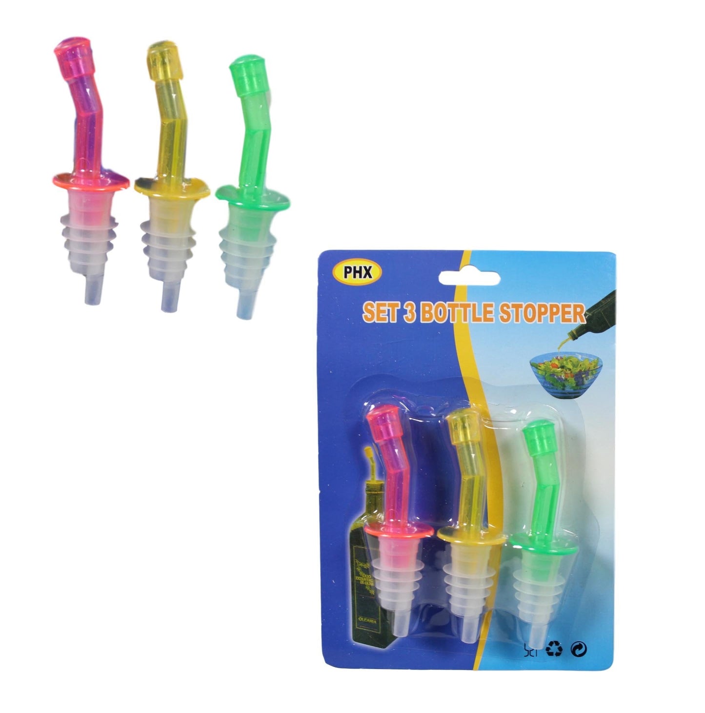 Plastic Oil Vinegar Wine Bottle Stopper Pourer Spout 10cm Pack of 3 Assorted Colours 5604