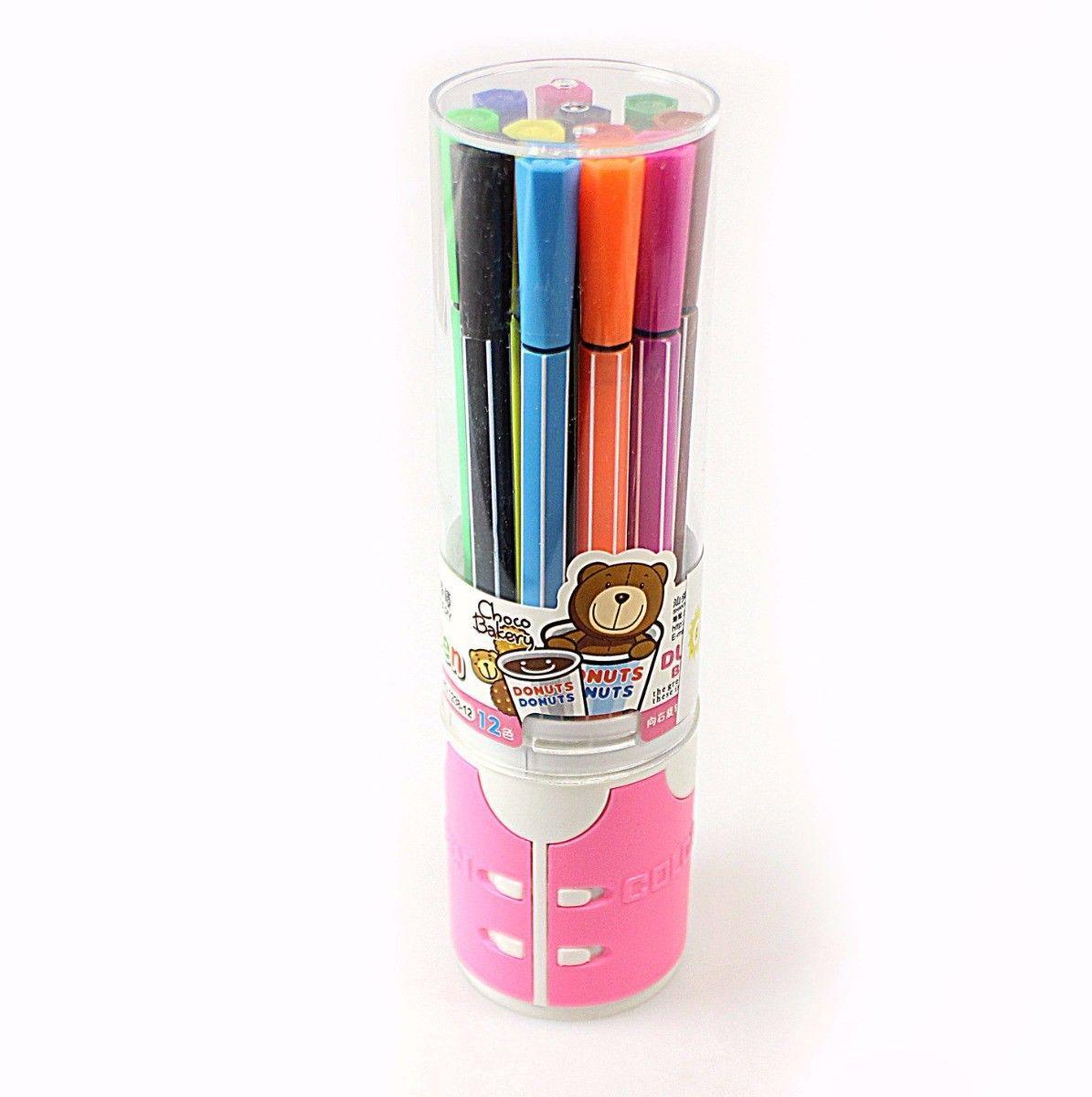 12 Pack Colouring Marker Pens in Holder Case Assorted Colours 0762