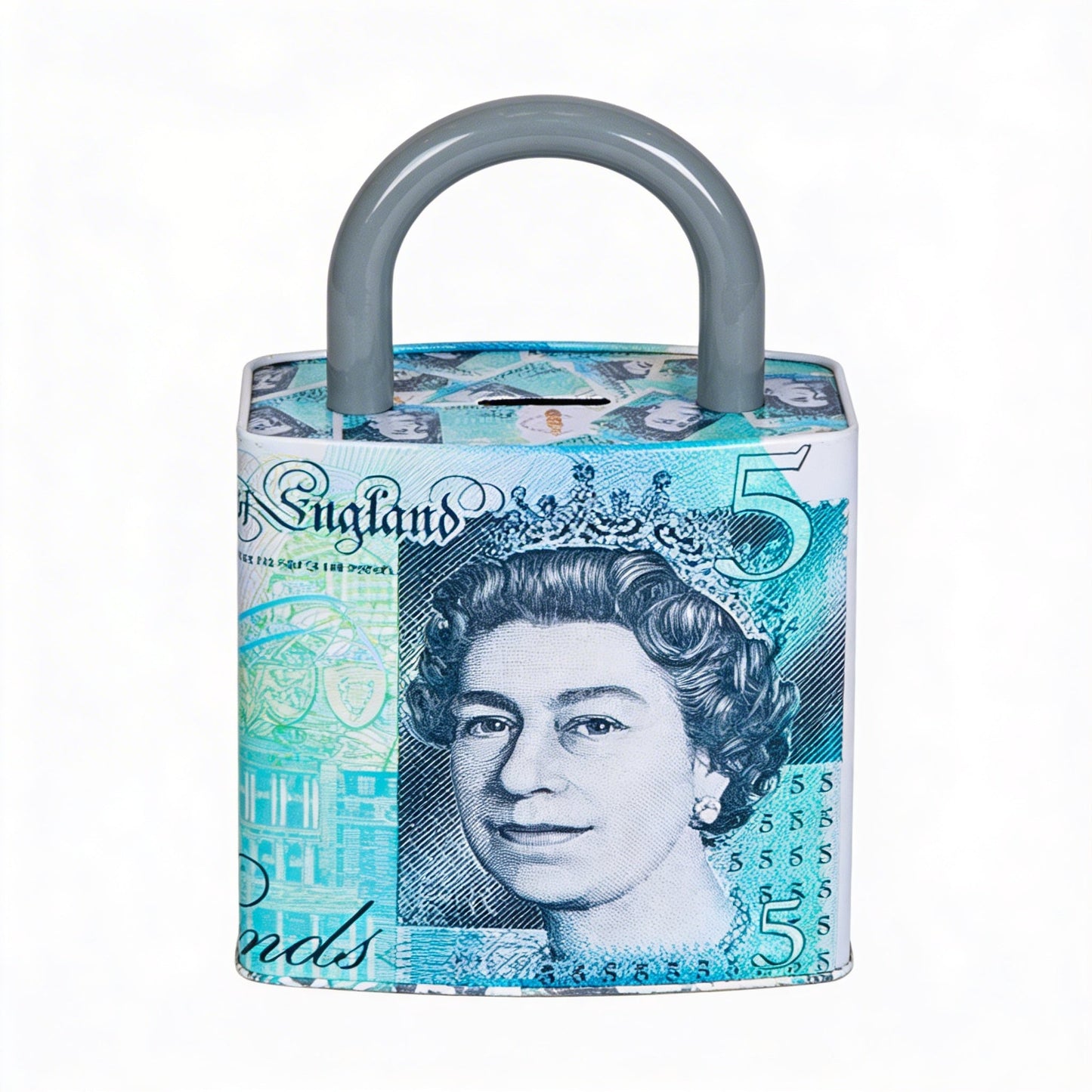 Queen Elizabeth Pound Note Reusable Coin Money Tin Box Padlock Shape with Handle Assorted Colours – 211g, 16.5 x 9.5 x 26.5cm, SKU PAD001A