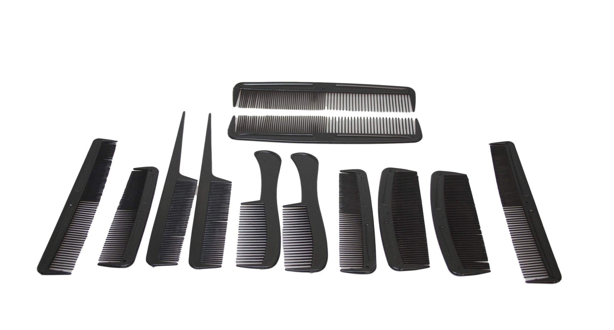 Black Plastic Hairdresser Barber Salon Comb Set of 12 Assorted Combs 6017