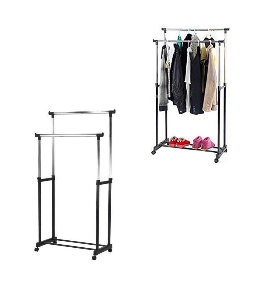 Double Garment Holder Stainless Steel Clothes Pole Rack Adjustable 25 kg 6214