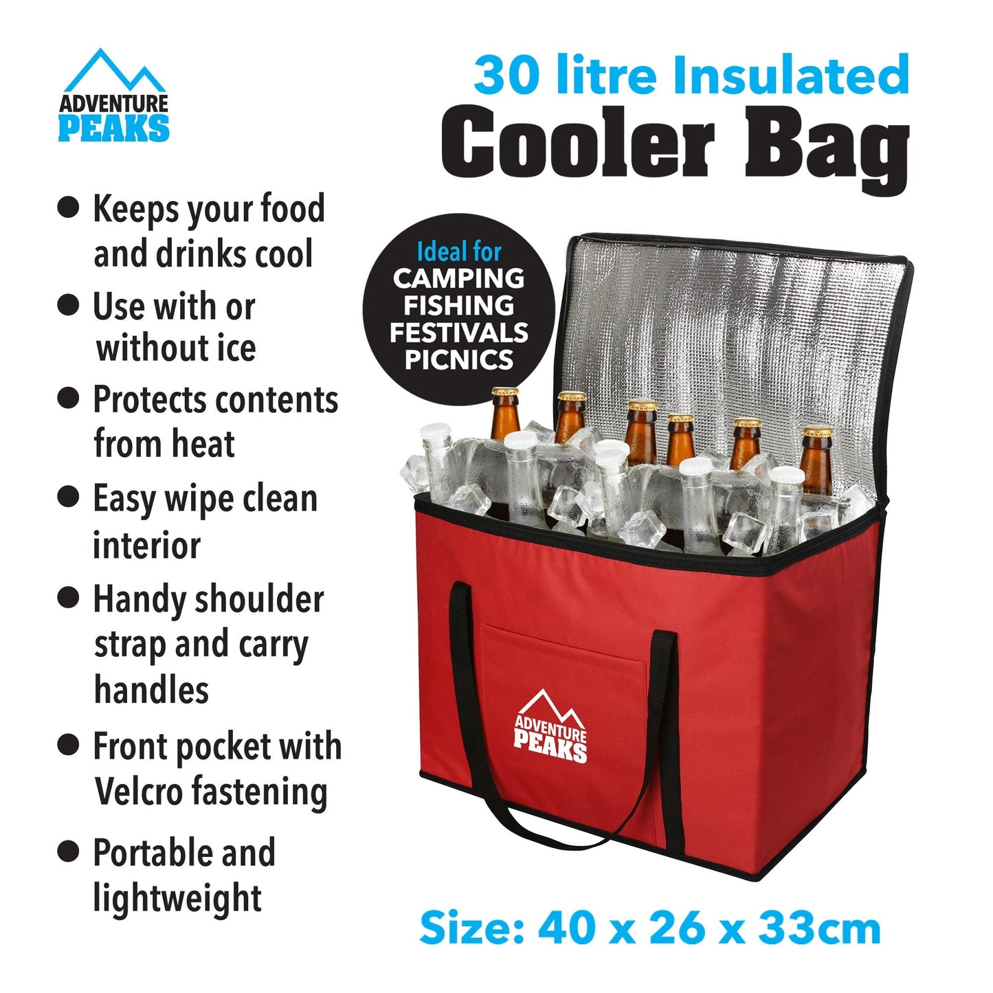 Insulated Camping Cooler Bag 30L 40 x 26 x 33cm Red 6606