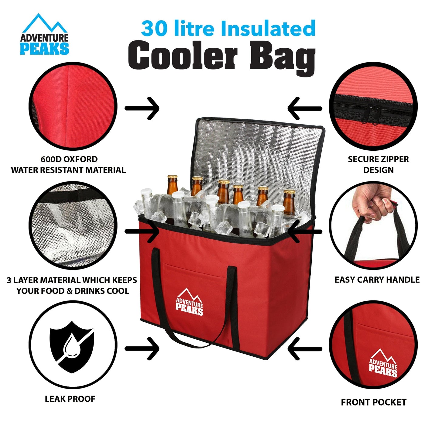 Insulated Camping Cooler Bag 30L 40 x 26 x 33cm Red 6606