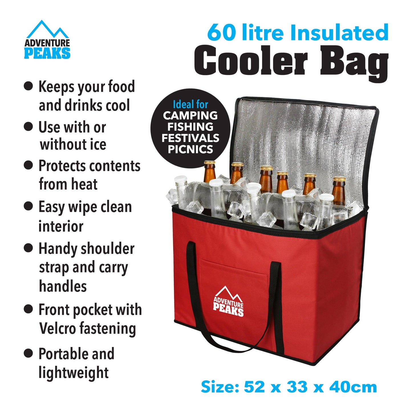 Insulated Camping Cooler Bag 60L 52 x 33 x 40cm Red 6632