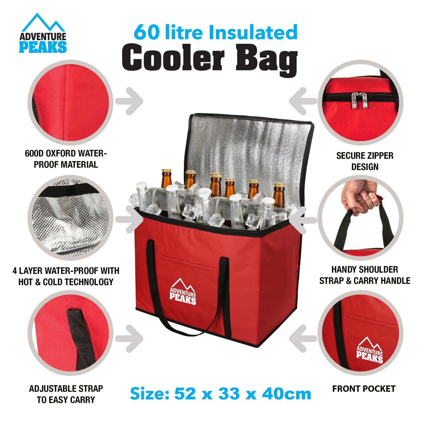 Insulated Camping Cooler Bag 60L 52 x 33 x 40cm Red 6632