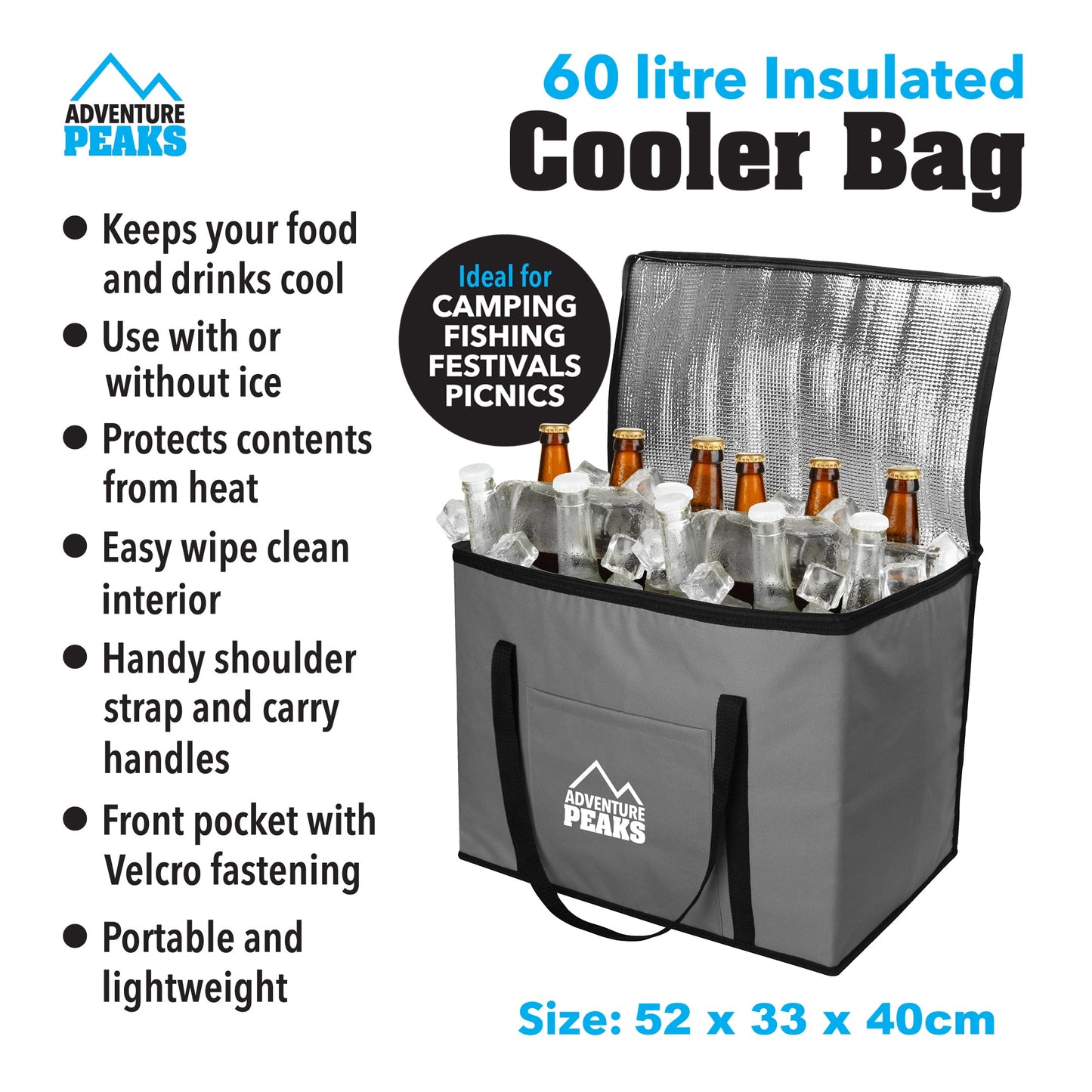 Insulated Camping Cooler Bag 60L 52 x 33 x 40cm Grey 6635