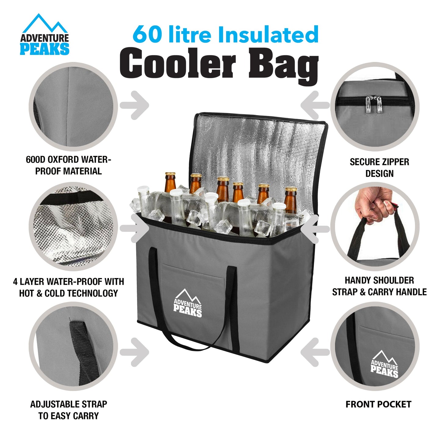 Insulated Camping Cooler Bag 60L 52 x 33 x 40cm Grey 6635