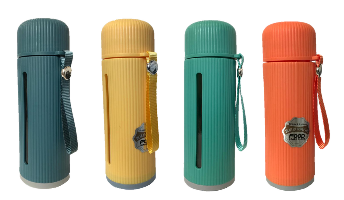 Glass / Plastic Water Bottle Flask with Strap 500 ml 21 x 7 cm Assorted Colours 6880