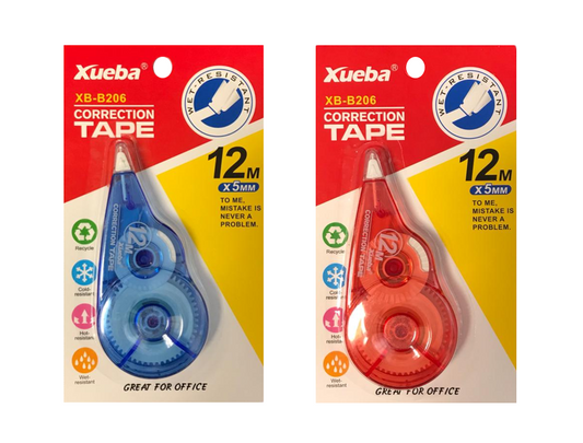 White Dry Correction Tape Dispenser Roller 12 m x 5 mm Assorted Colours 7132