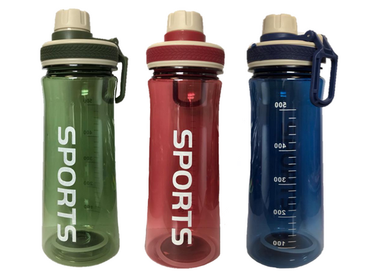 Plastic Sports Gym Drinking Bottle 600ml 22 x 8cm Assorted Colours 7216 A