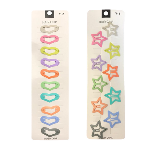 Hair Clips Heart / Star Shape 3.4 cm Pack of 10 Assorted Designs and Colours 7248