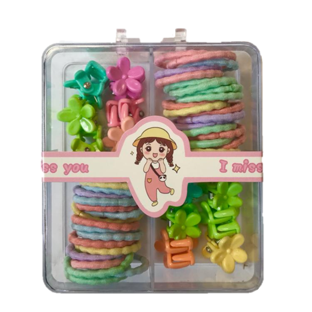 Mini Box of 3 Assorted Flower / Rabbit Hair Accessories Clips and Elastic Bands 1.5 - 2 cm Assorted Colours 7335